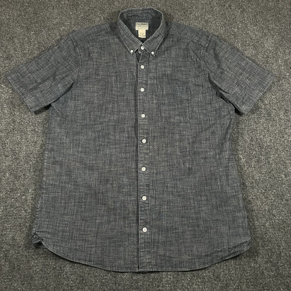 LL Bean Shirt Mens L Tall Blue Chambray Stretch Cotton Button Down